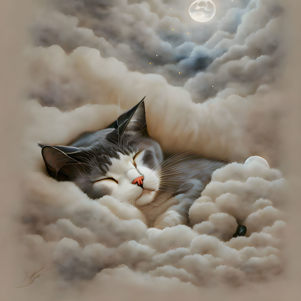 Cat Sleeping Peacefully in Fluffy Clouds Under Starry Sky