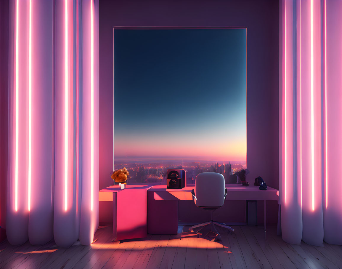 Minimalist Desk and Chair with Neon Pink Lighting in Modern Office