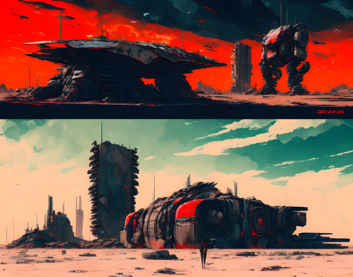 Derelict structures, aged robot, spaceship in dystopian landscape