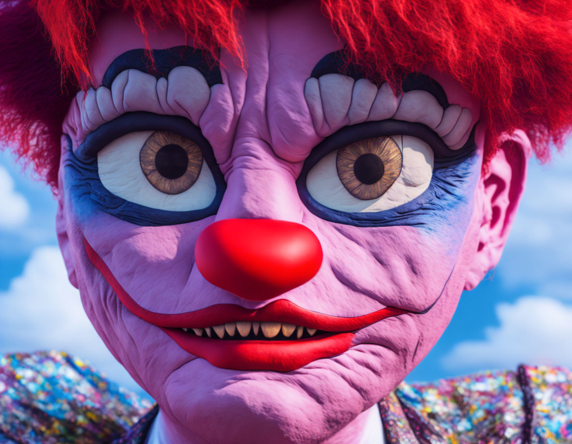 Vibrant 3D-animated clown with red hair and blue eyes