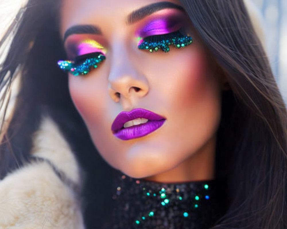 Vibrant purple makeup and faux fur coat against city backdrop