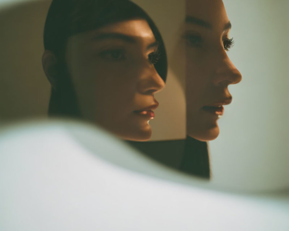 Woman Contemplating Reflection in Dimly Lit Mirror