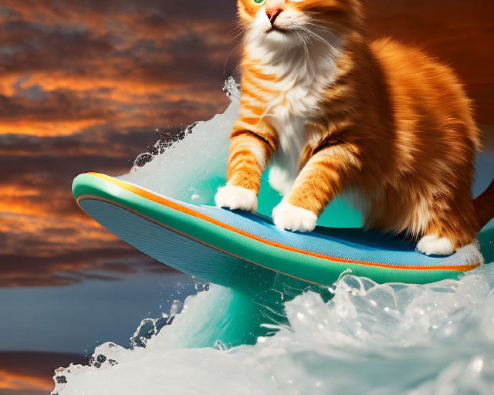 Orange Cat Balances on Surfboard Amid Fiery Sky