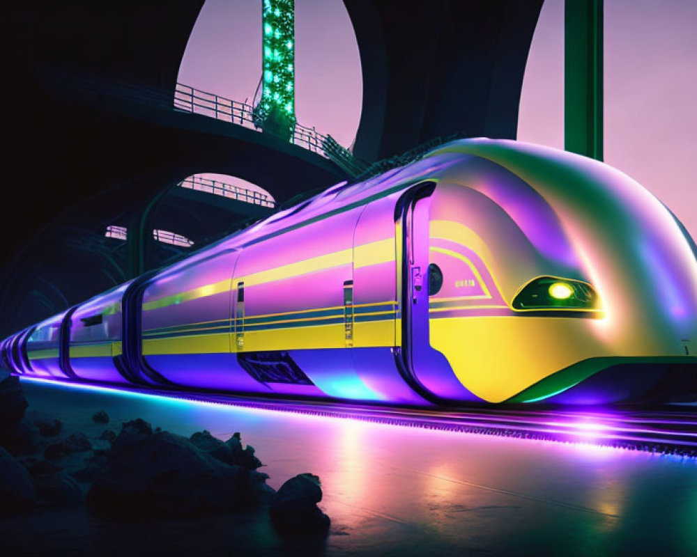 Sleek Purple and Yellow Futuristic Train in Neon-Lit Tunnel