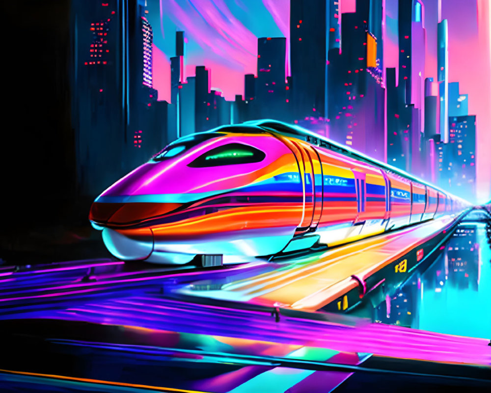 Futuristic neon-lit maglev train in cyberpunk cityscape