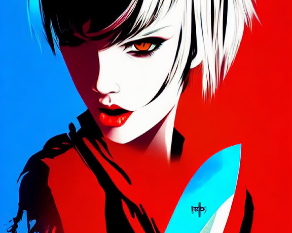 Stylized portrait of woman with bob haircut holding blue knife