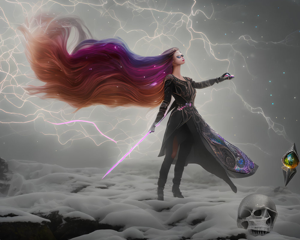 Fantasy warrior woman with glowing sword in stormy skies and mystical elements.