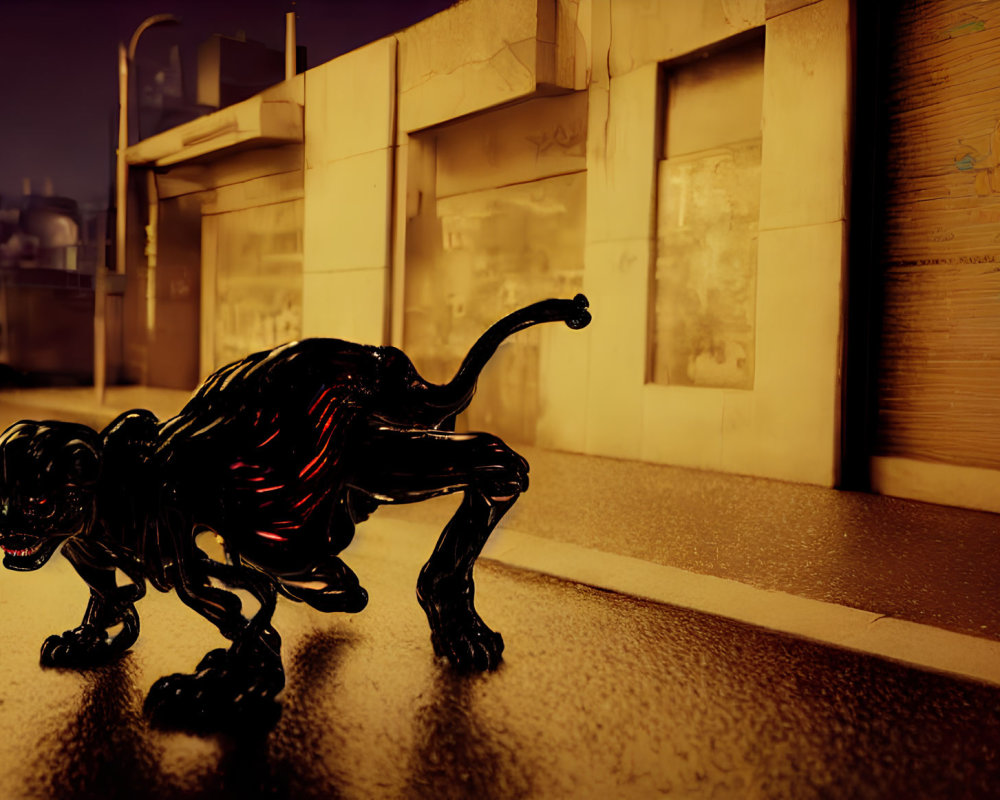 Black panther with red accents prowls deserted urban street at night