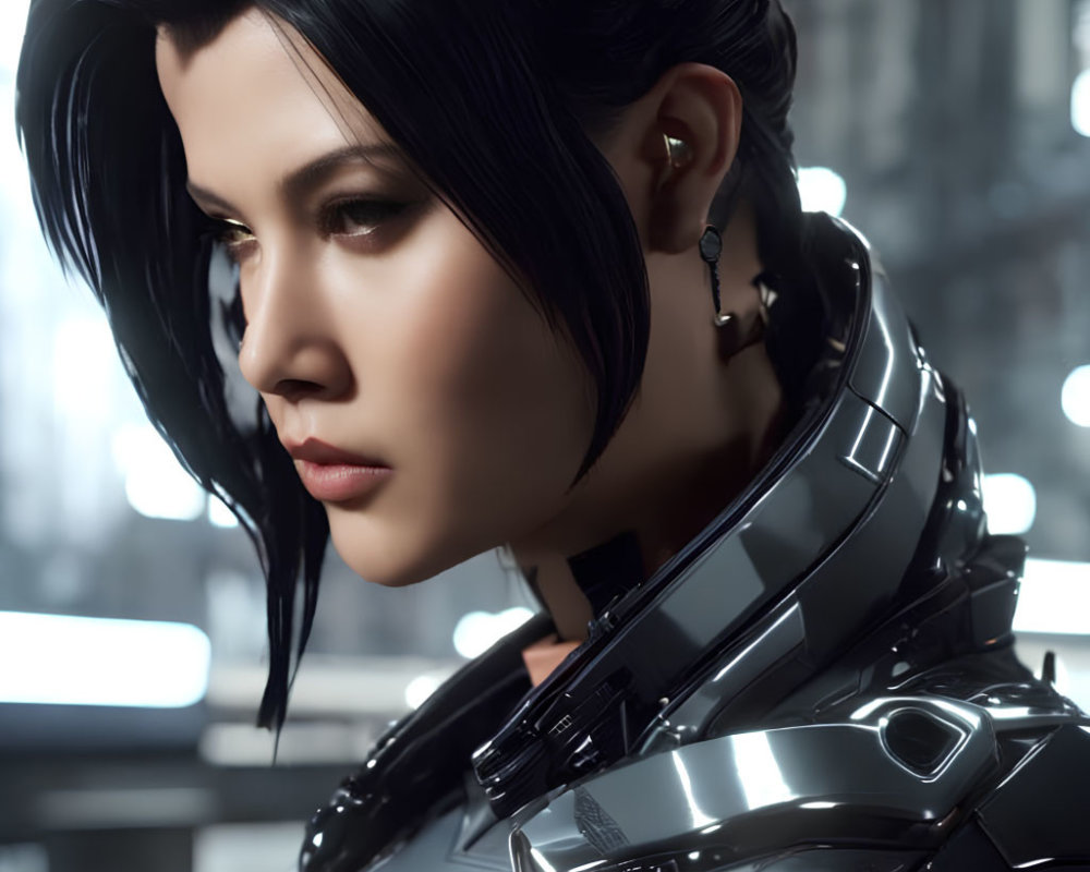 Female character with short black hair in futuristic armor against industrial backdrop.