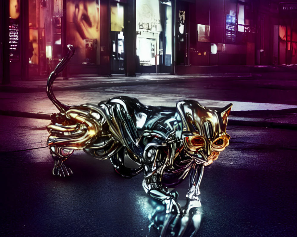 Reflective metallic cat sculpture with golden eyes in surreal urban scene