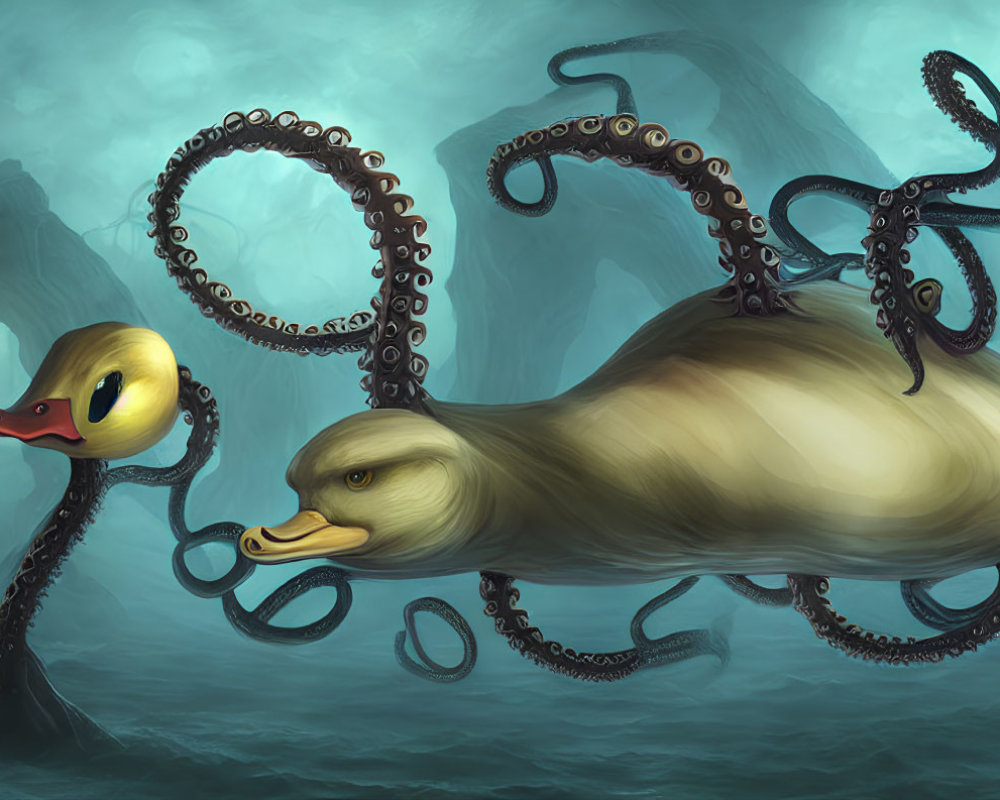 Surreal image: Duck with octopus tentacles underwater near eerie caves