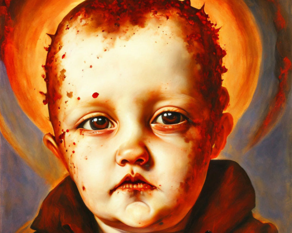 Eerie portrait of child with spiked halo and reddish tones