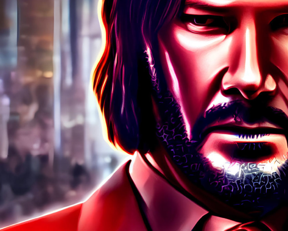 Man with Shoulder-Length Hair and Beard in Suit and Tie with Intense Gaze against Cityscape Background