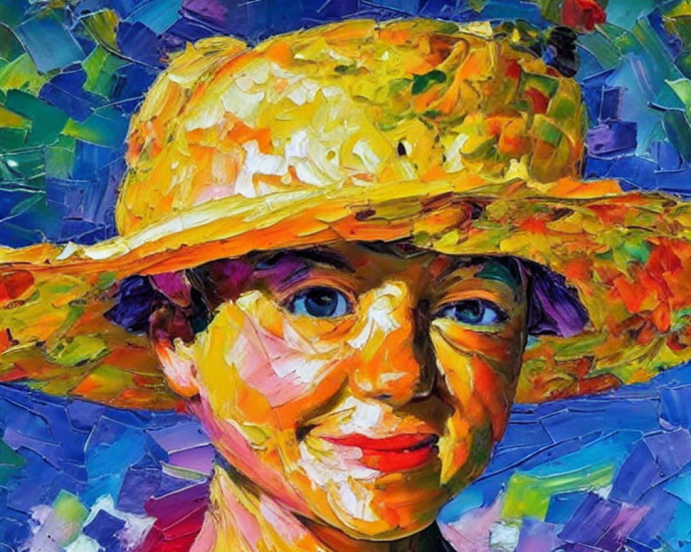 Vibrant Expressionist Painting of Person in Wide-Brimmed Hat