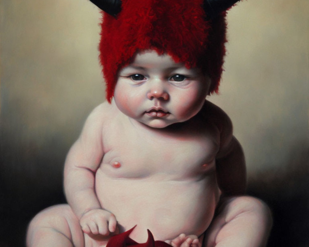 Serious Baby Portrait in Red Furry Hat with Horns