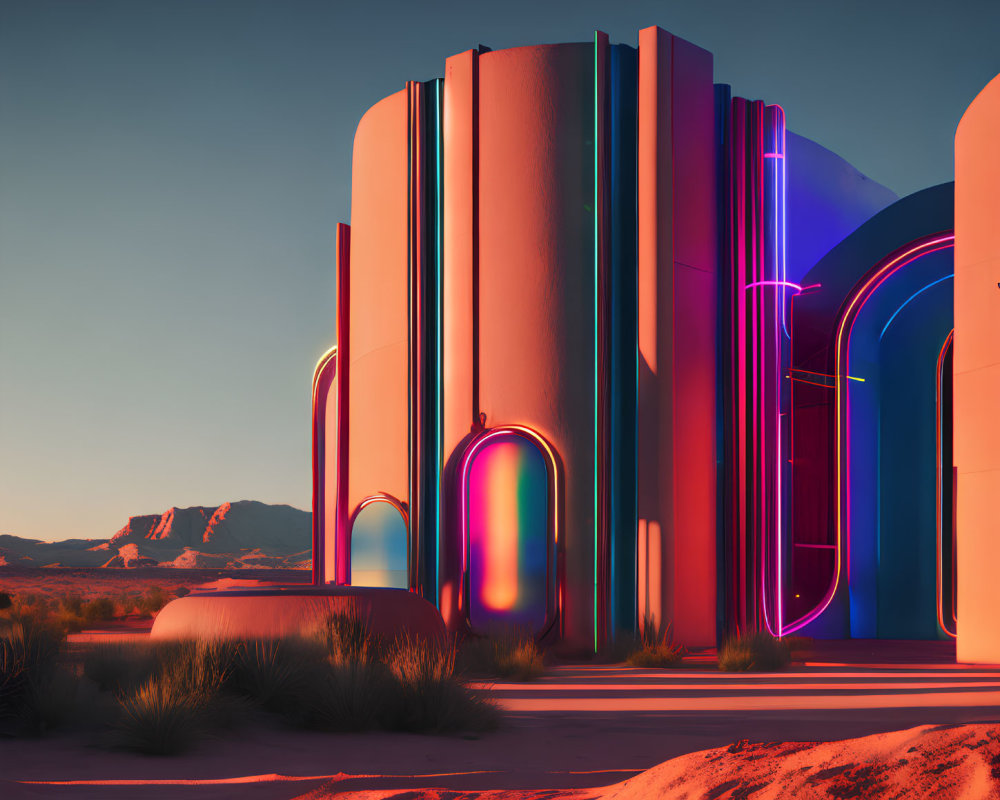 Futuristic Building with Neon Outlines in Desert Sunset