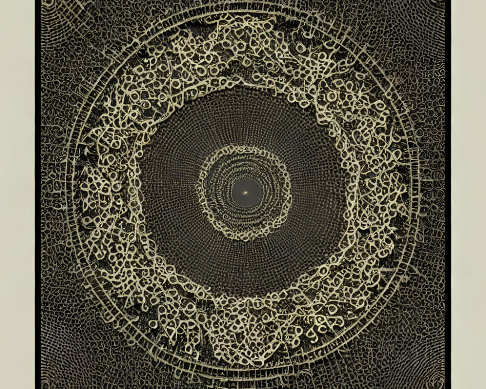 Circular Mandala-like Pattern on Square Golden Backdrop with Dark Center