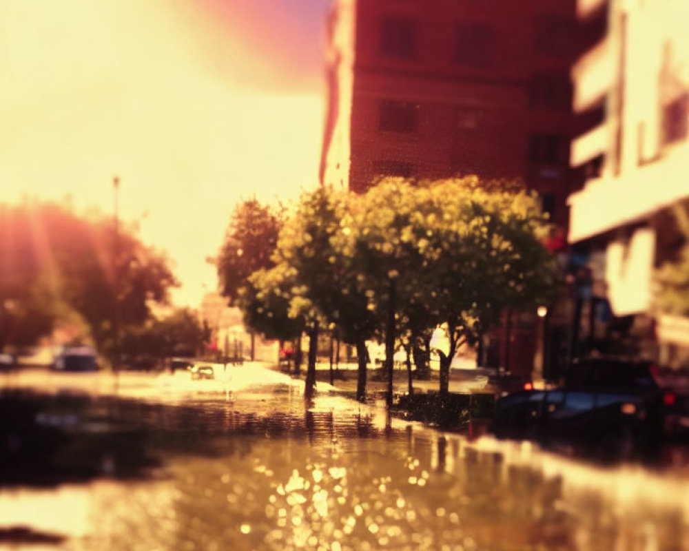 Urban street scene with trees, parked cars, and water puddles reflecting sunlight