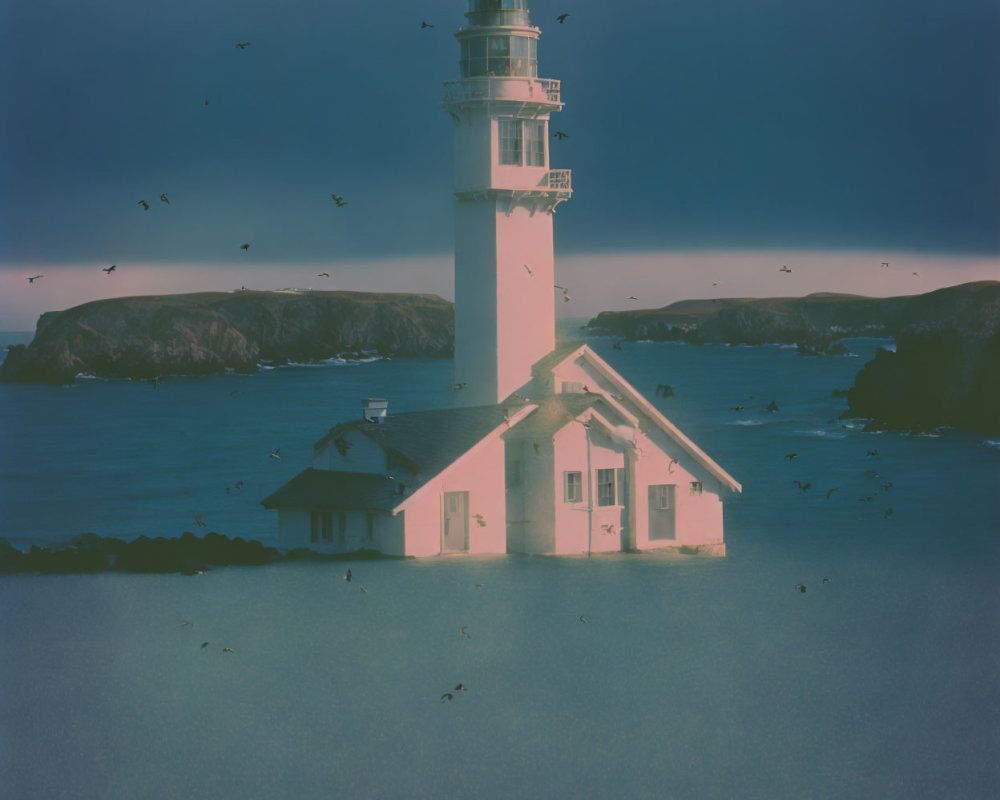 Lighthouse at Twilight with Birds and Rocky Islets