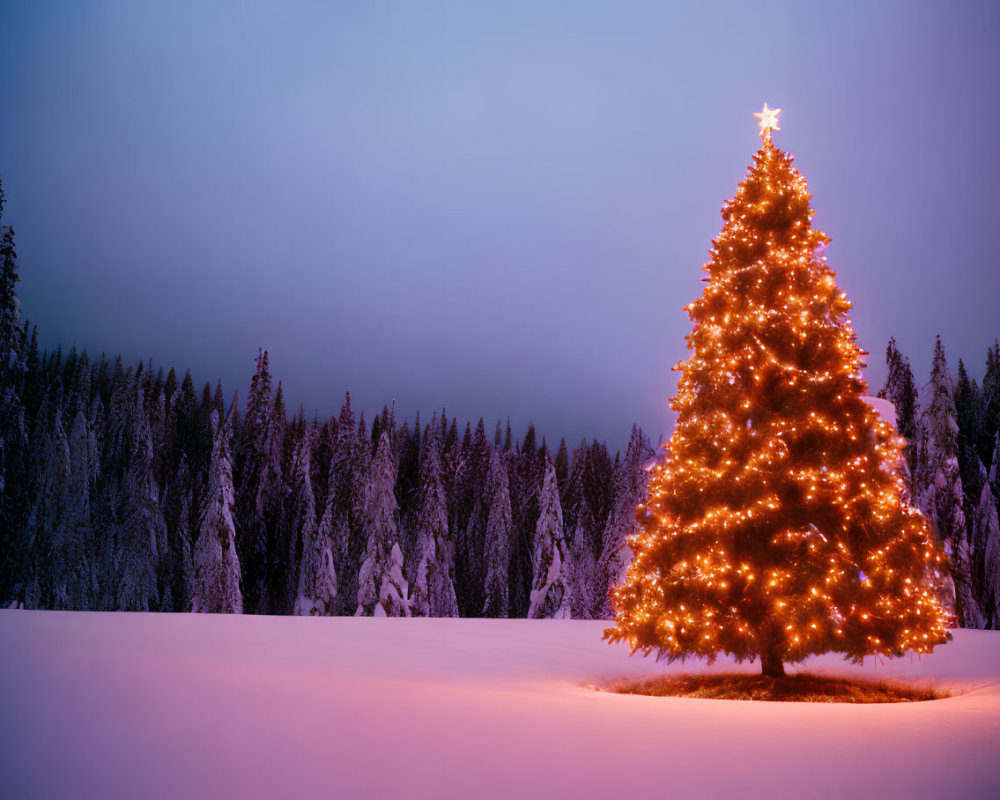 Snowy landscape: Christmas tree with warm lights at dusk