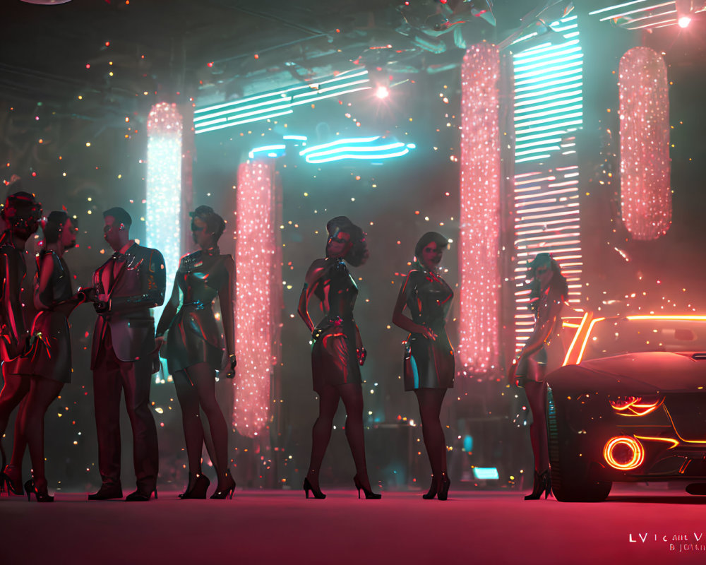 Stylish People by Sleek Car in Futuristic Nightclub with Neon Lights