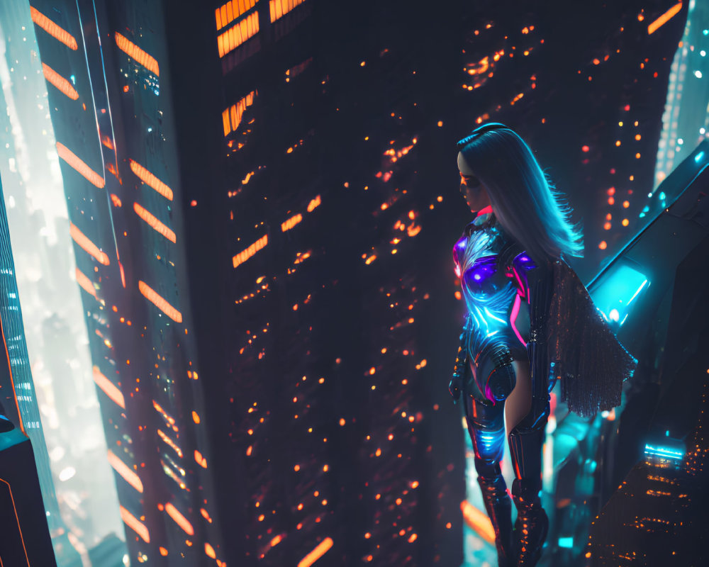 Futuristic figure in glowing suit on high-rise ledge gazes at neon cyberpunk cityscape