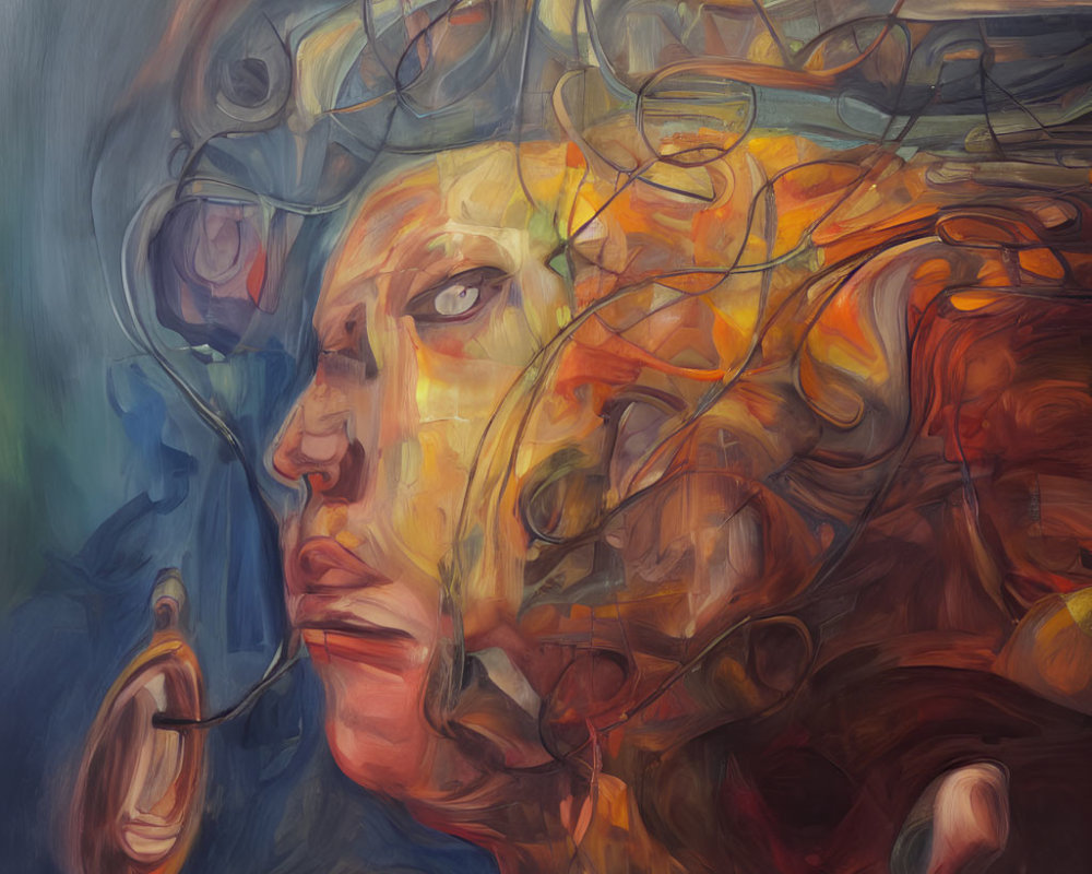 Vibrant abstract painting of a human face with swirling colors