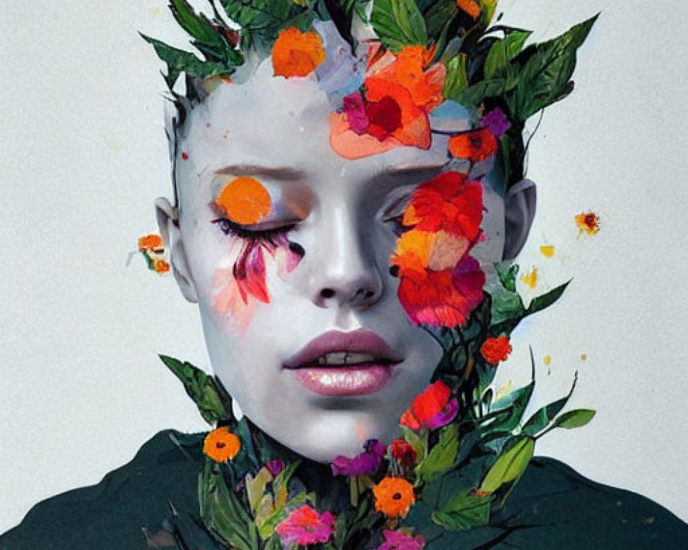 Surrealist portrait featuring leaves and flowers on face against beige backdrop