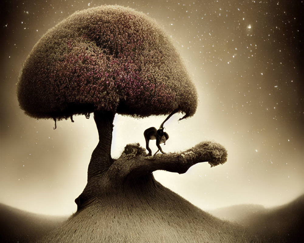 Surreal lone tree resembling a mushroom with person silhouette under starlit sky