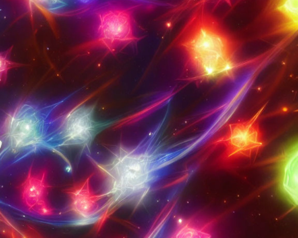 Colorful abstract art: Neon stars and comets in cosmic space