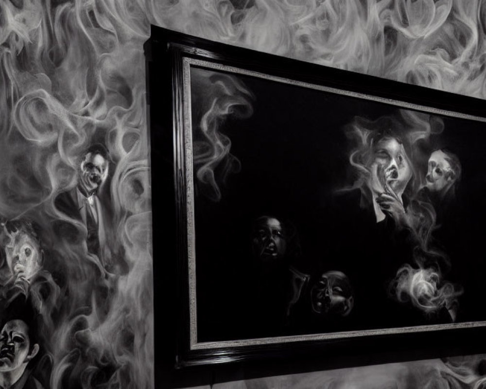 Monochrome artwork of anguished faces merging with smoke-like patterns