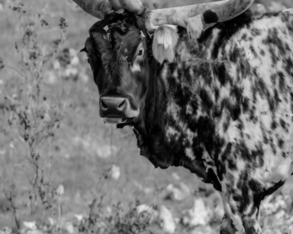 Speckled cow with large horns on rough terrain.