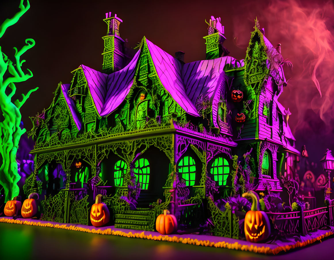 Vibrant Halloween haunted house with green lighting & ghostly figures