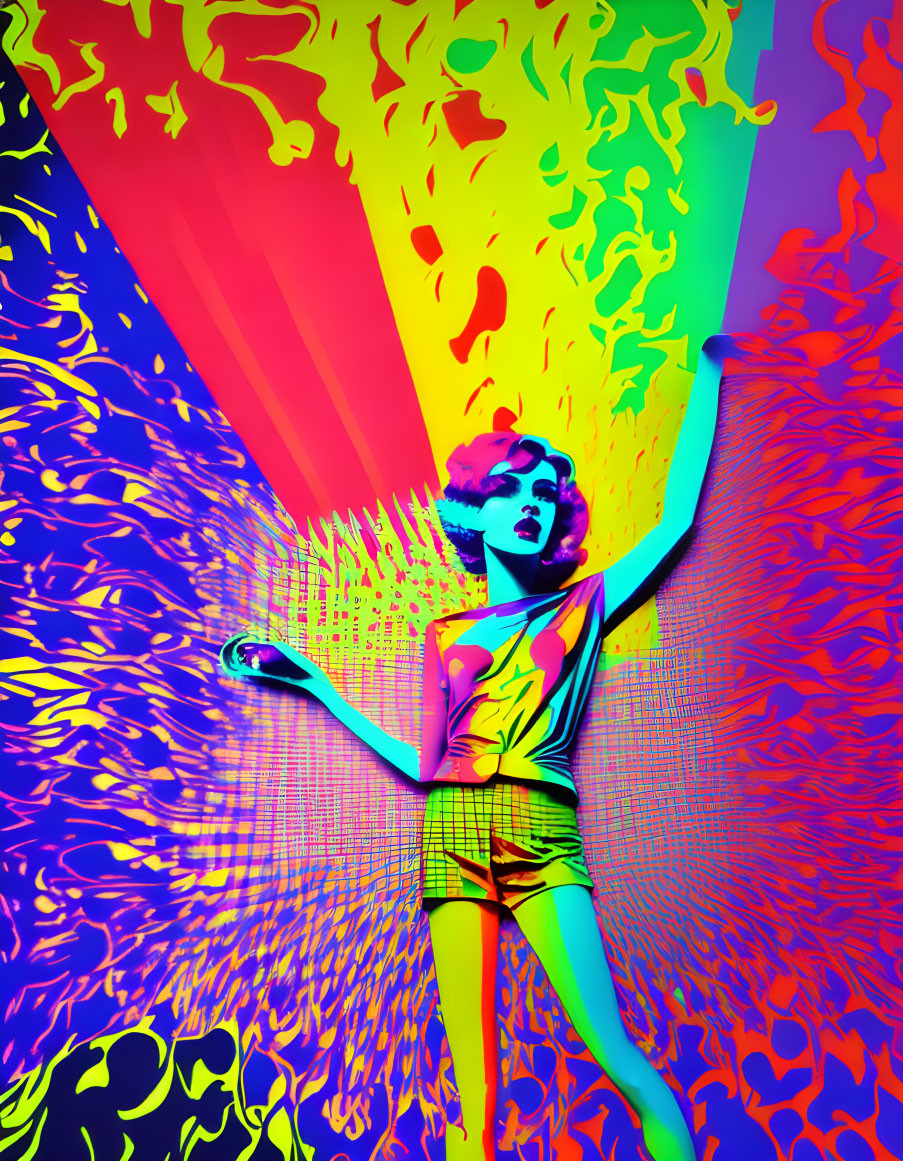 Colorful Psychedelic Artwork with Woman in Abstract Background