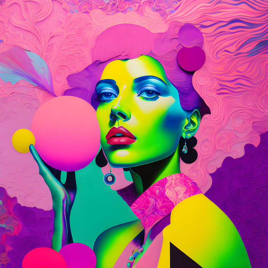 Colorful digital artwork: Woman with pink hair and neon green skin holding pink orb