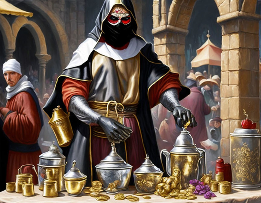 Medieval figure in black and red cloak at market stall with silverware, coins, and grapes