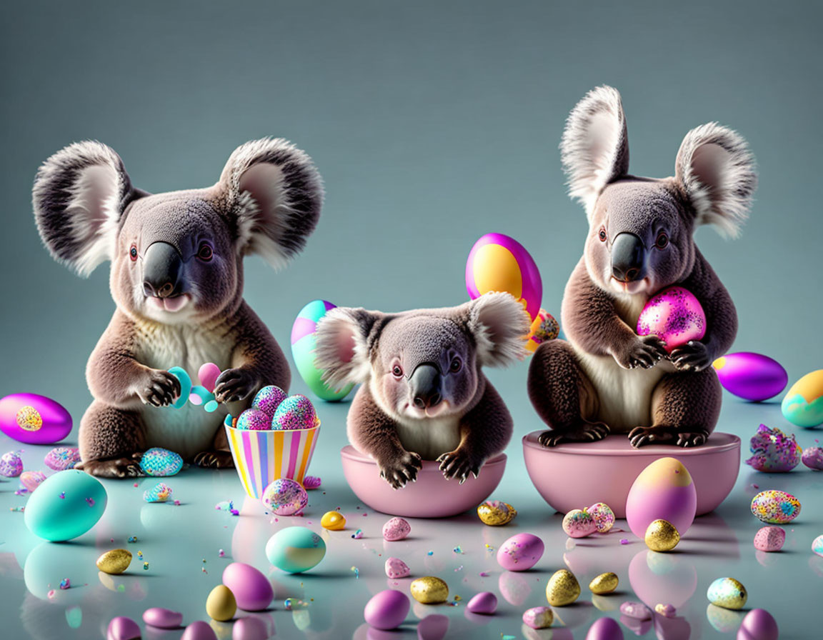 Three Koalas with Easter Eggs on Teal Background