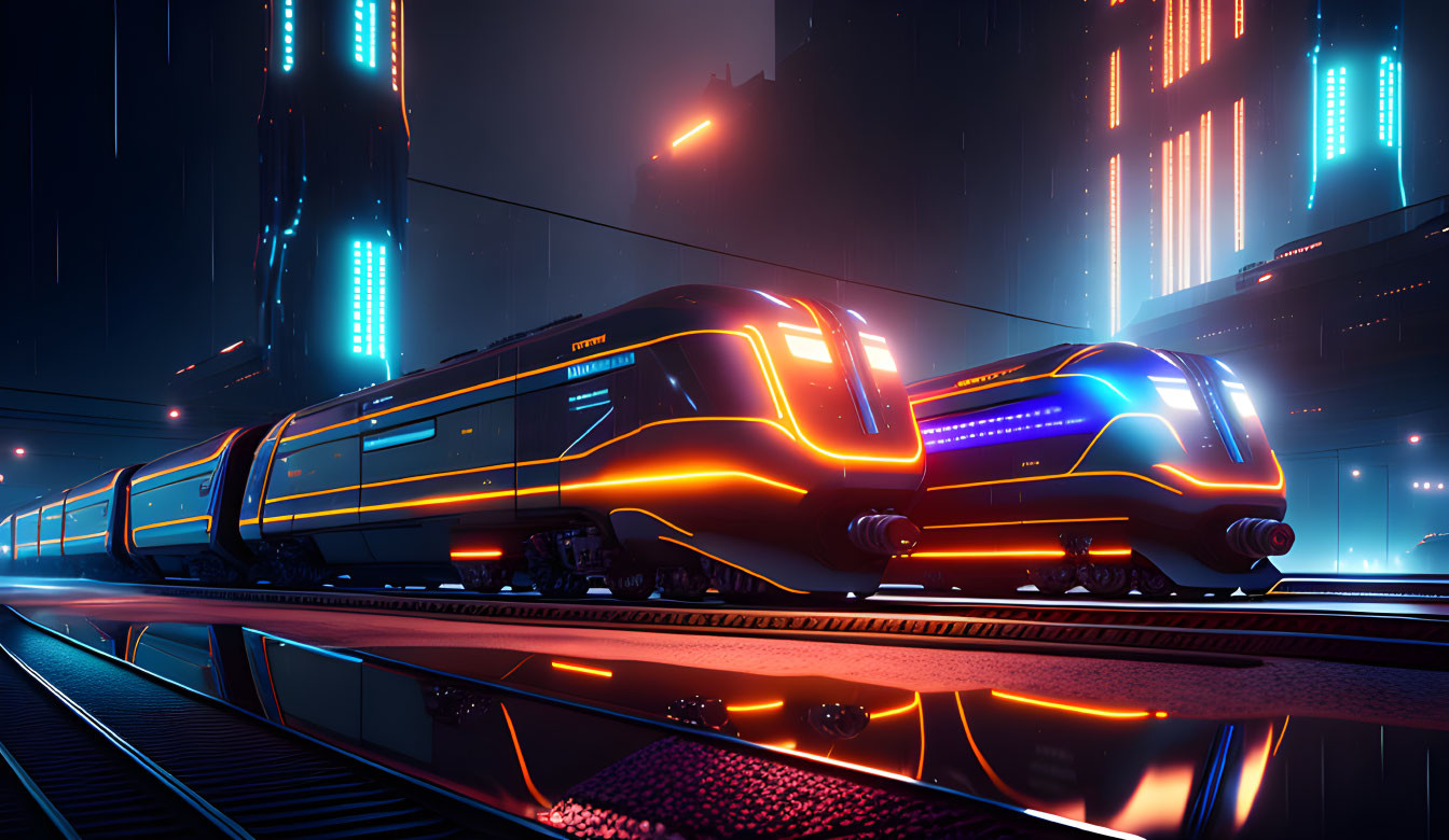 Futuristic train in cyberpunk cityscape with neon lights