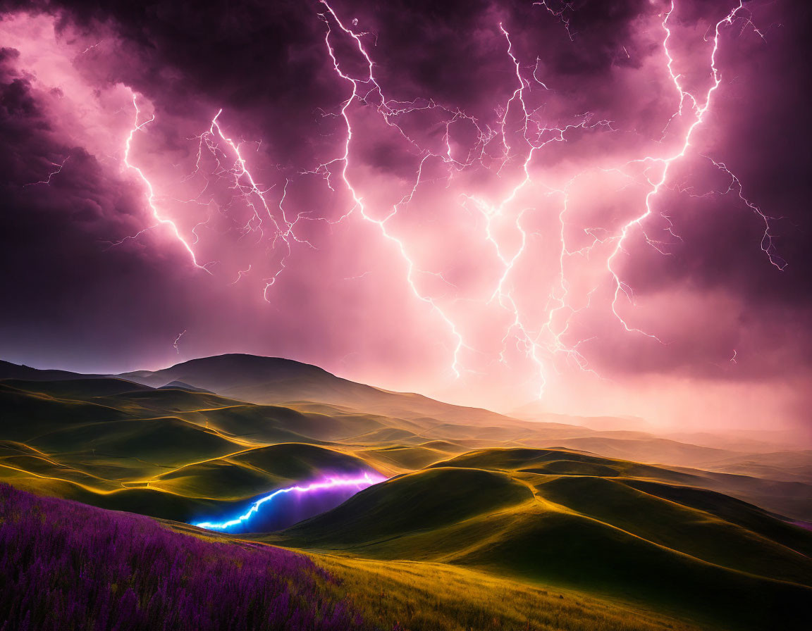 Vibrant landscape: lightning streaks in purple sky over green hills