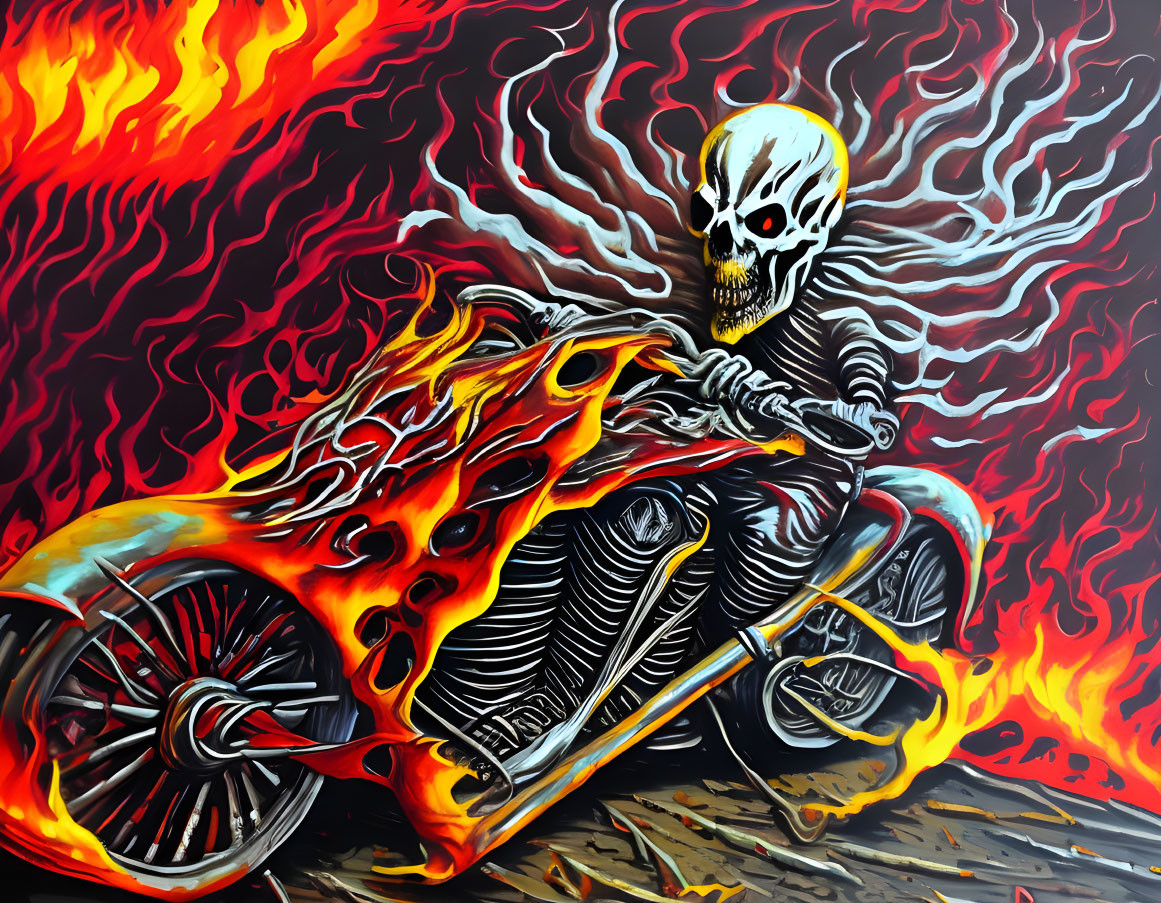 Skeleton in Striped Outfit Riding Flaming Motorcycle Mural