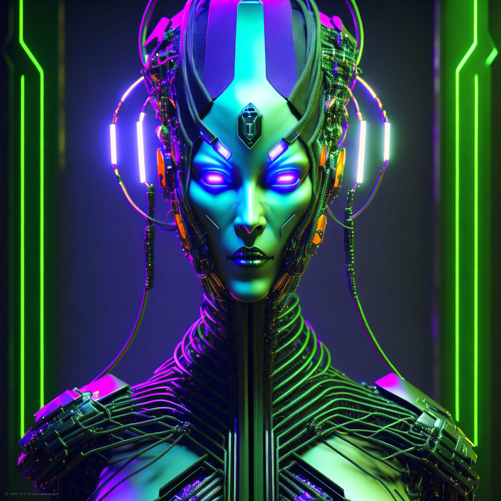 Female android with green and purple glowing features and mechanical body on neon-lit backdrop