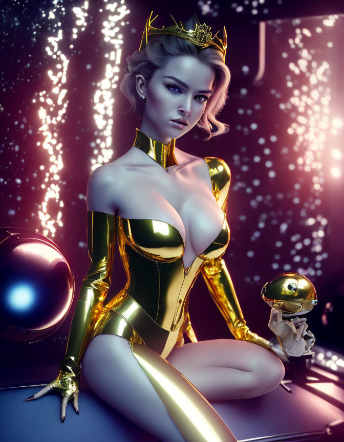 Futuristic digital artwork: Queen in golden crown and metallic armor with robotic orb in soft glowing lights