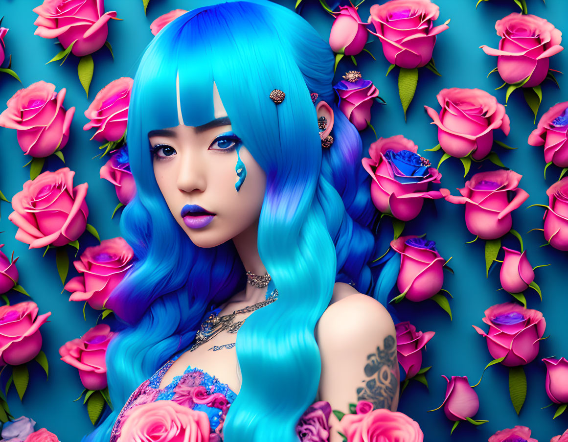 Vivid portrait of woman with blue hair, teardrop gem, tattoos, pink roses, blue