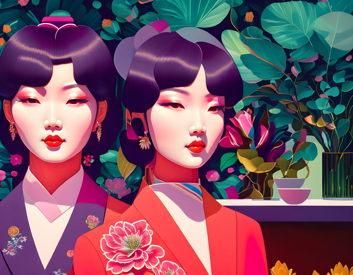 Traditional Asian women in lush floral backdrop