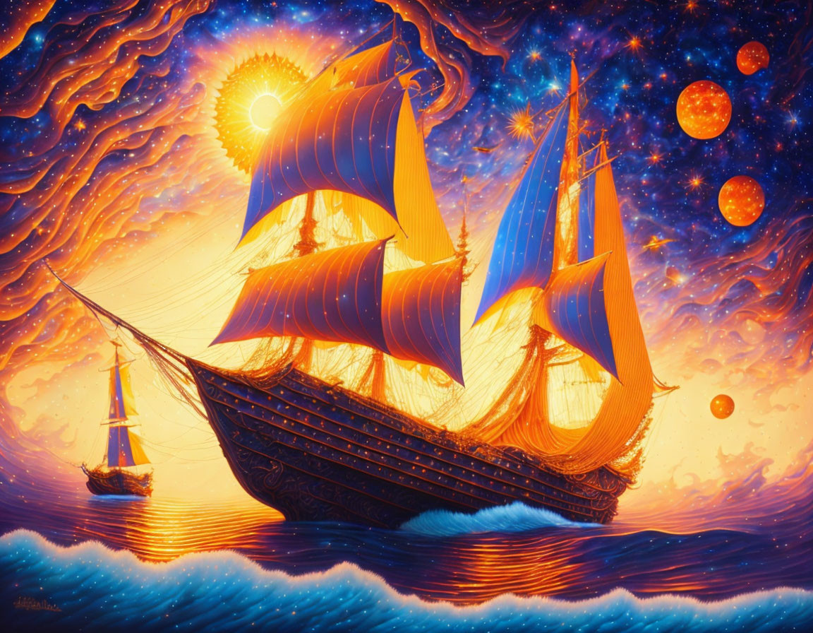 Majestic sailing ship on surreal ocean under cosmic sky