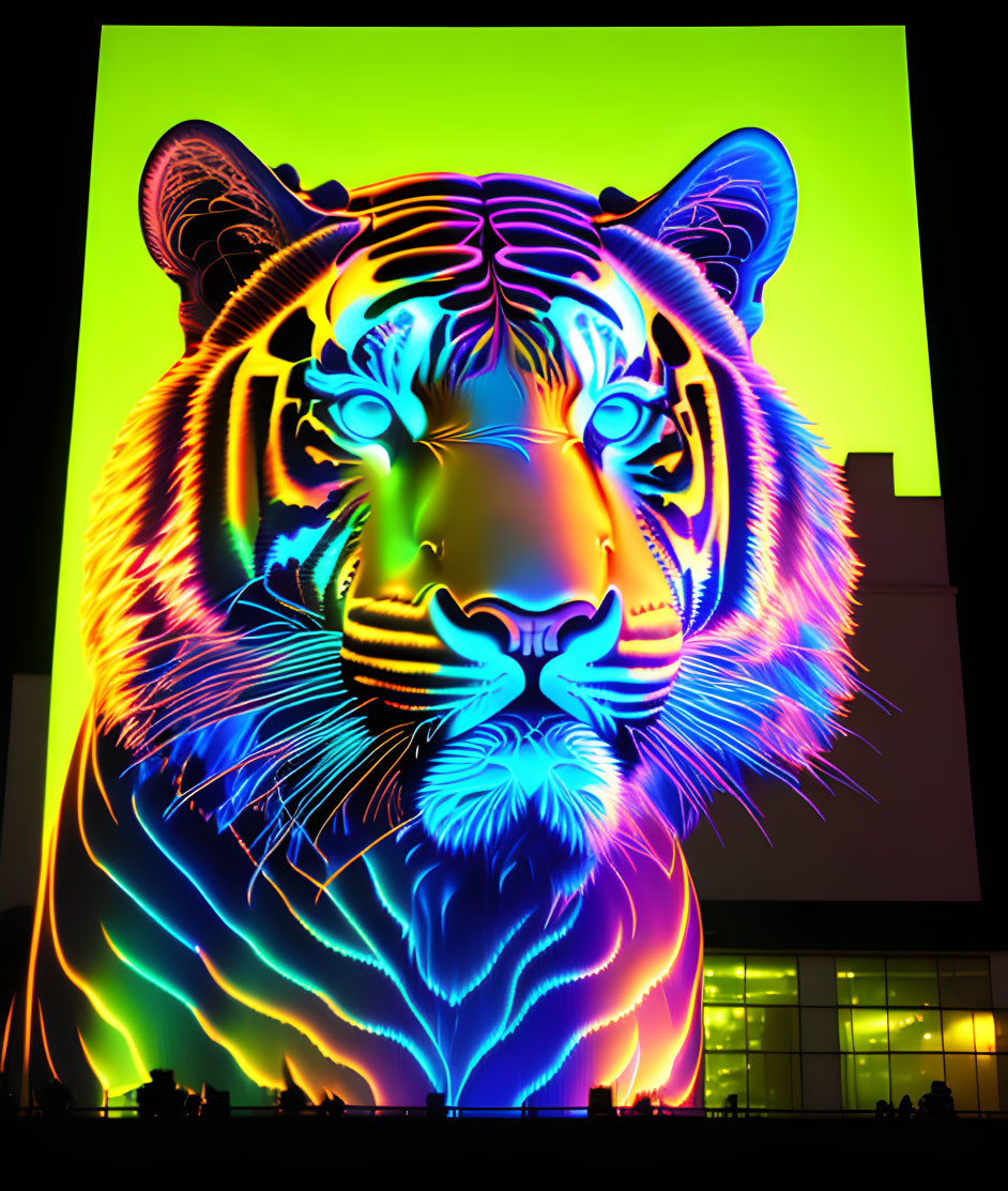 Multicolored neon tiger face on building with people silhouettes