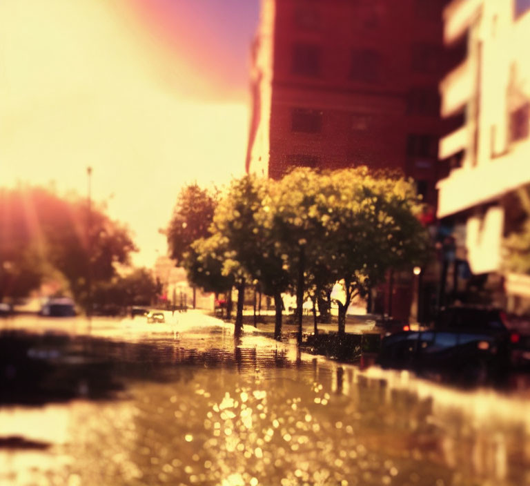 Urban street scene with trees, parked cars, and water puddles reflecting sunlight