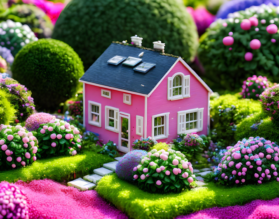 Colorful miniature house in lush fantasy garden with fluffy trees.