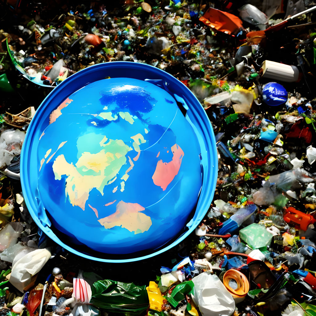 Illustration of Earth surrounded by discarded items symbolizing global waste issues