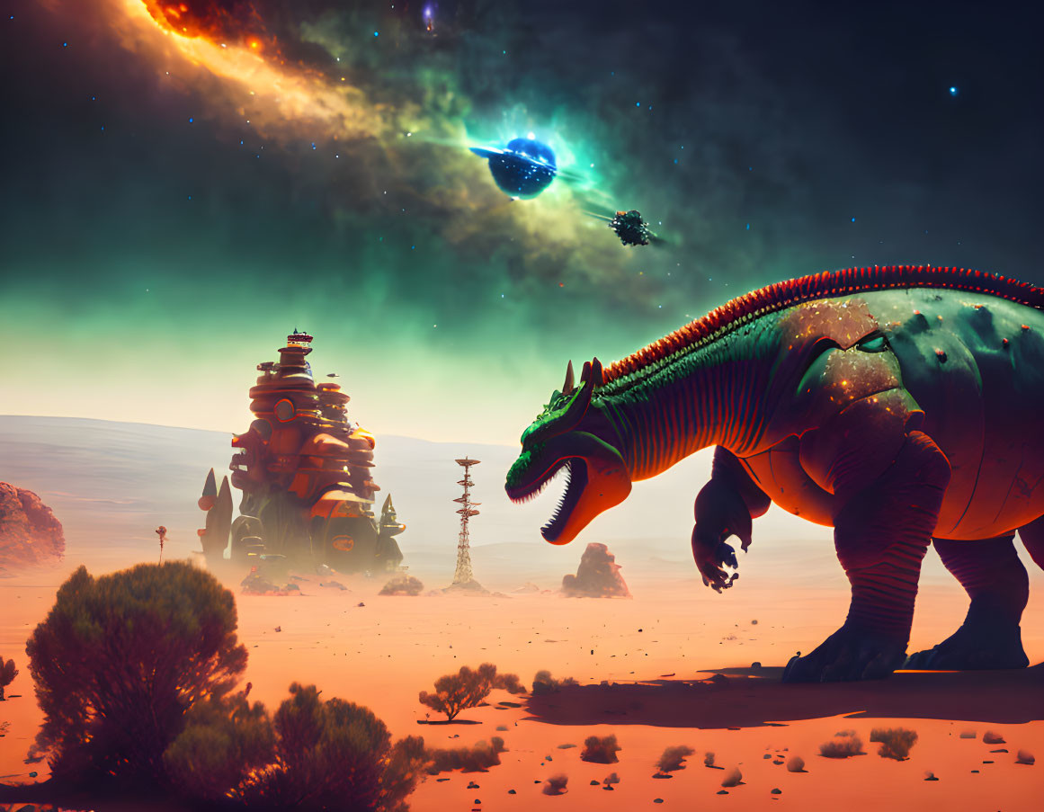 Futuristic sci-fi landscape with dinosaur-like creature, buildings, spaceships, under alien sky